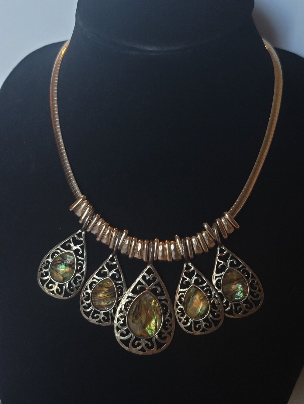 Goldtone Omega Necklace W/ St. Thomas Faux Abalone & Hammered Goldtone Elements
